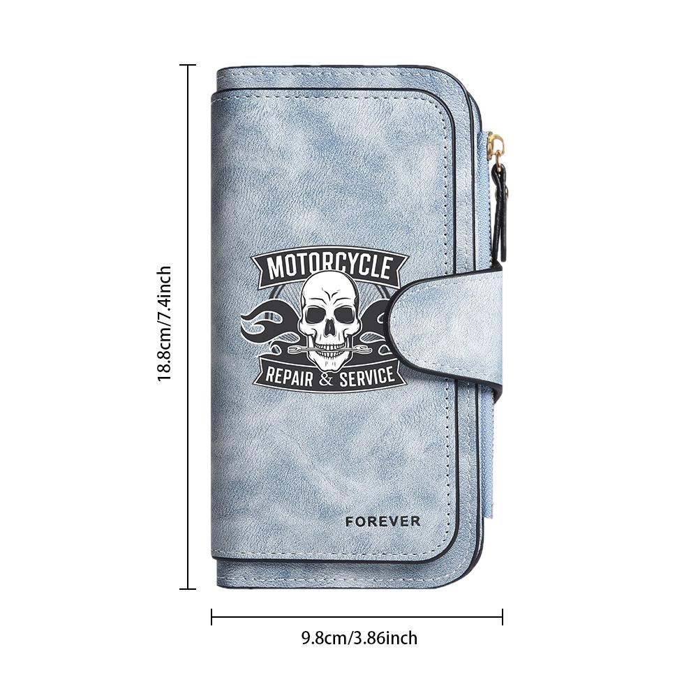 Motorcycle Skull Pattern Long Leather Wallet Portable Large Capacity Multifunctional Card Holder for Daily Use