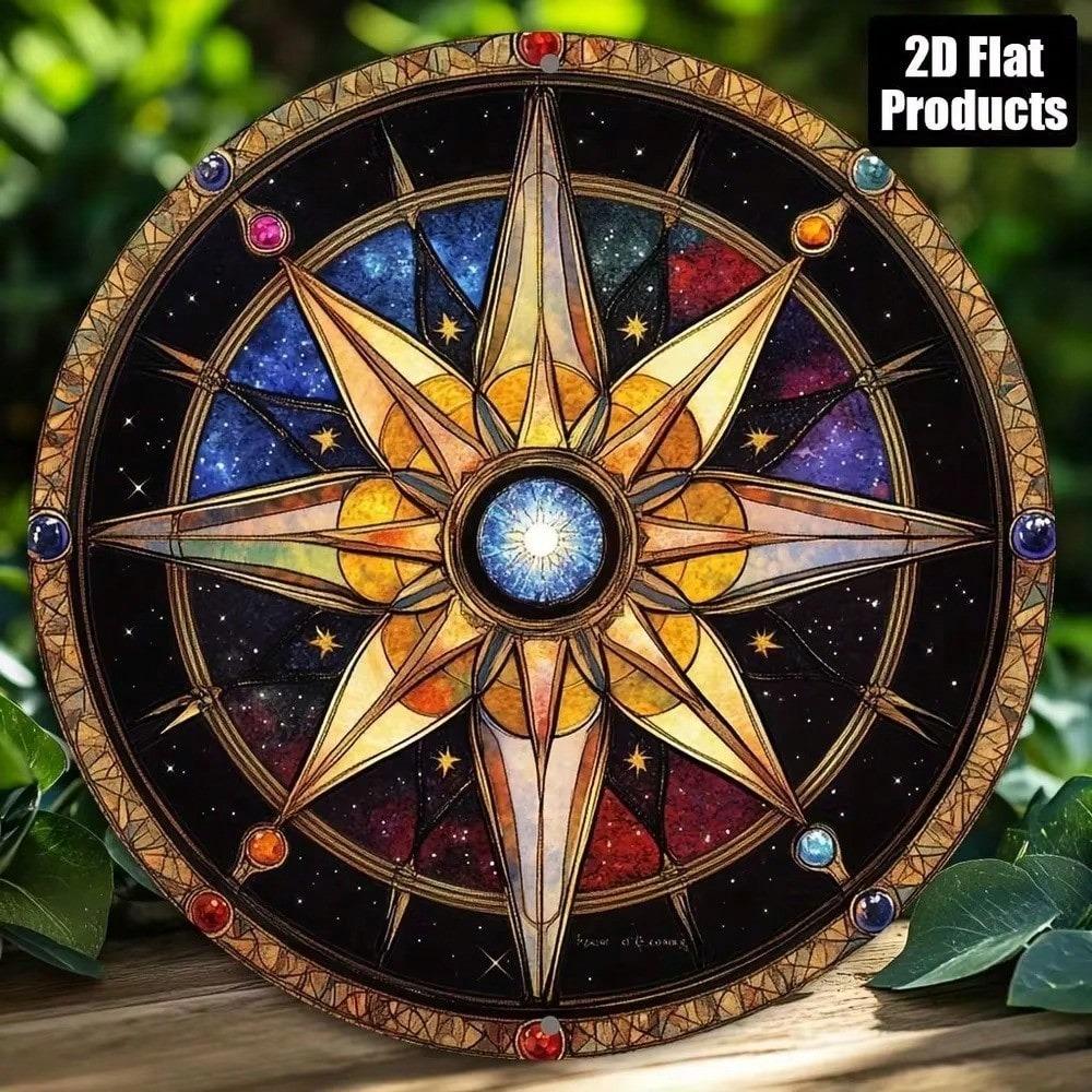 Boho Compass Rose Star Map Round Metal Sign Stained Glass Effect Wall Art Decor