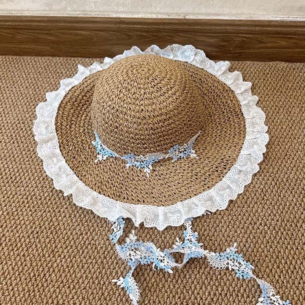 Breathable Vacation Beach Cap with Garland Woven Sun Cap Big Brimmed Straw Hat Masquerade