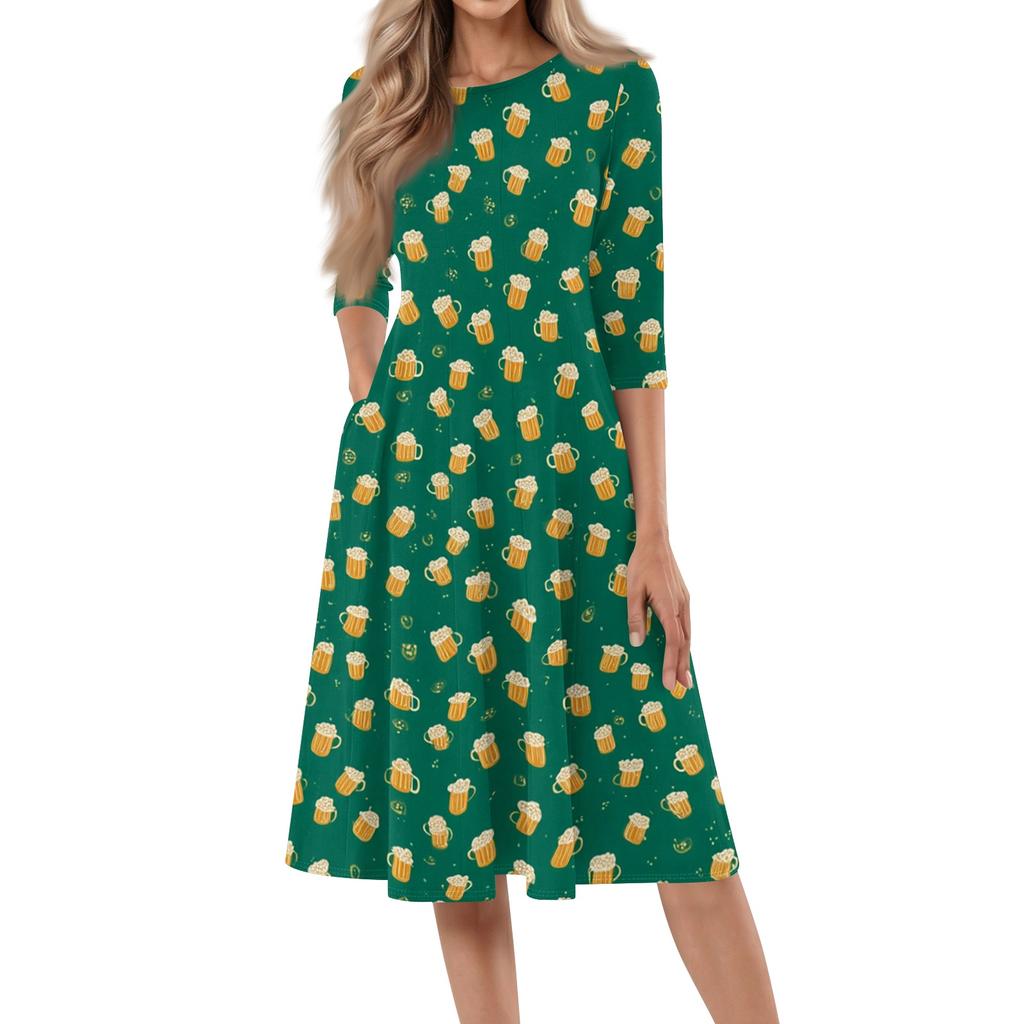 Casual Mid-Length Dress with Round Neck and Three-Quarter Sleeves Featuring Beer Glass Print Suitable for Everyday Wear and Events