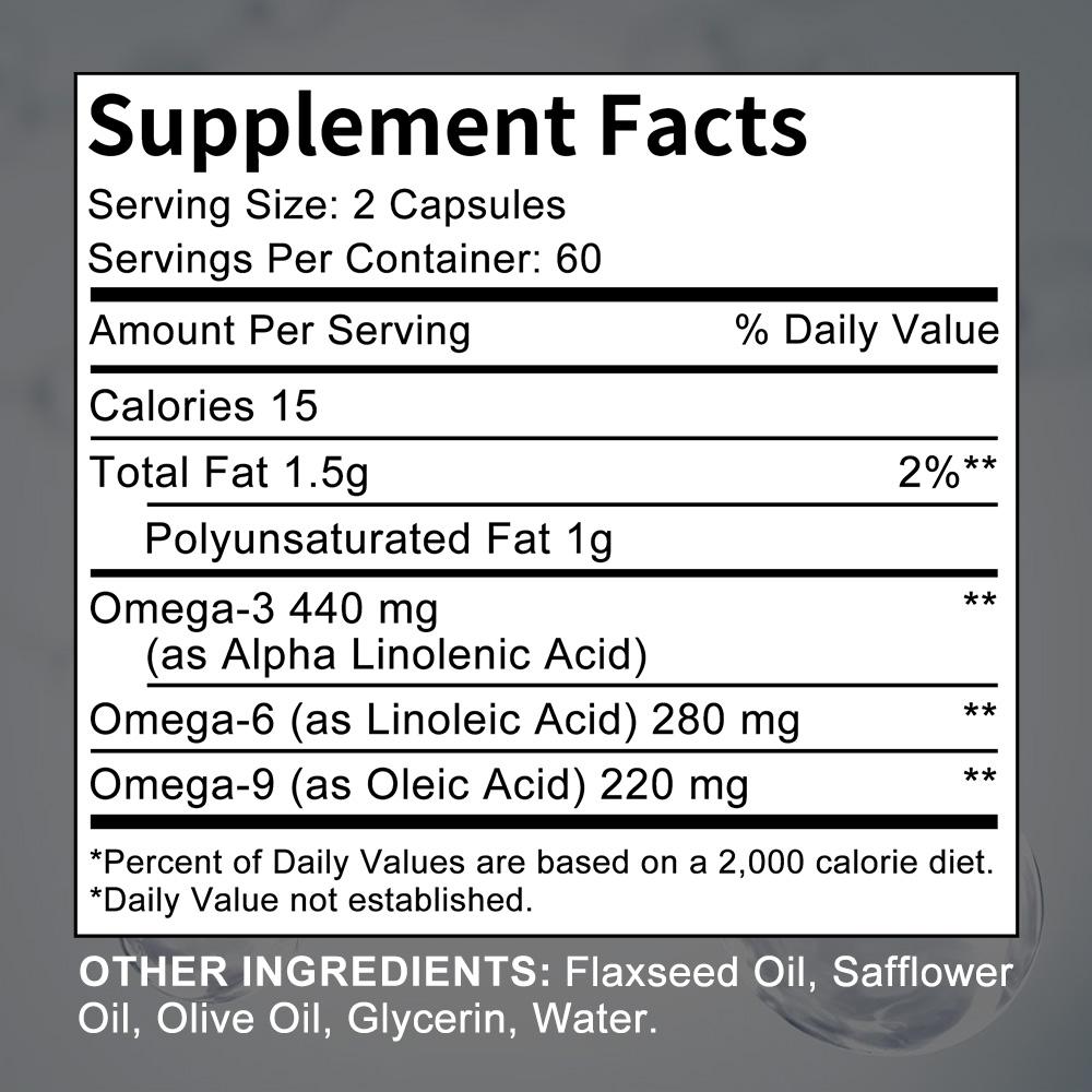 Triple Omega 3, 6, and 9 supplement for heart health and balanced blood circulation. 120 capsules.