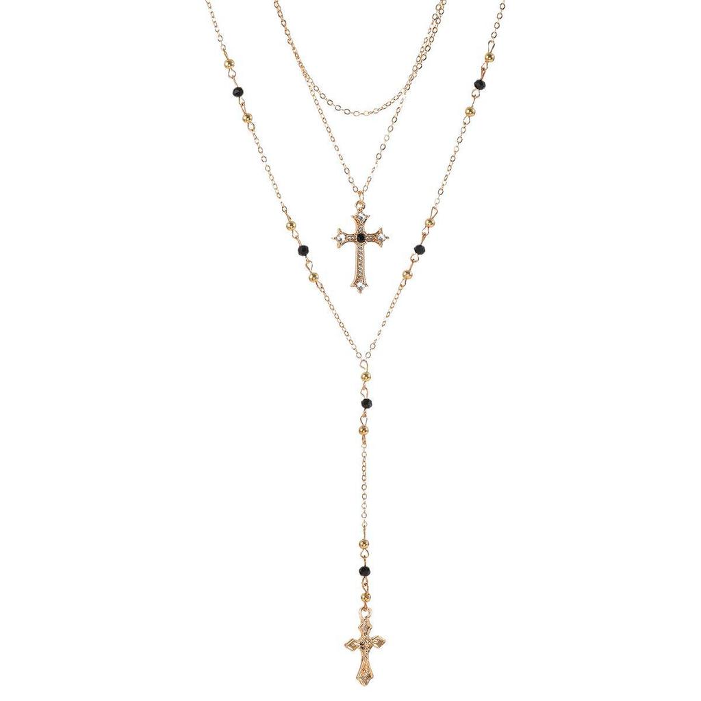 Cross Necklace Multilayer Geometric Pendant With Rhinestones For Women