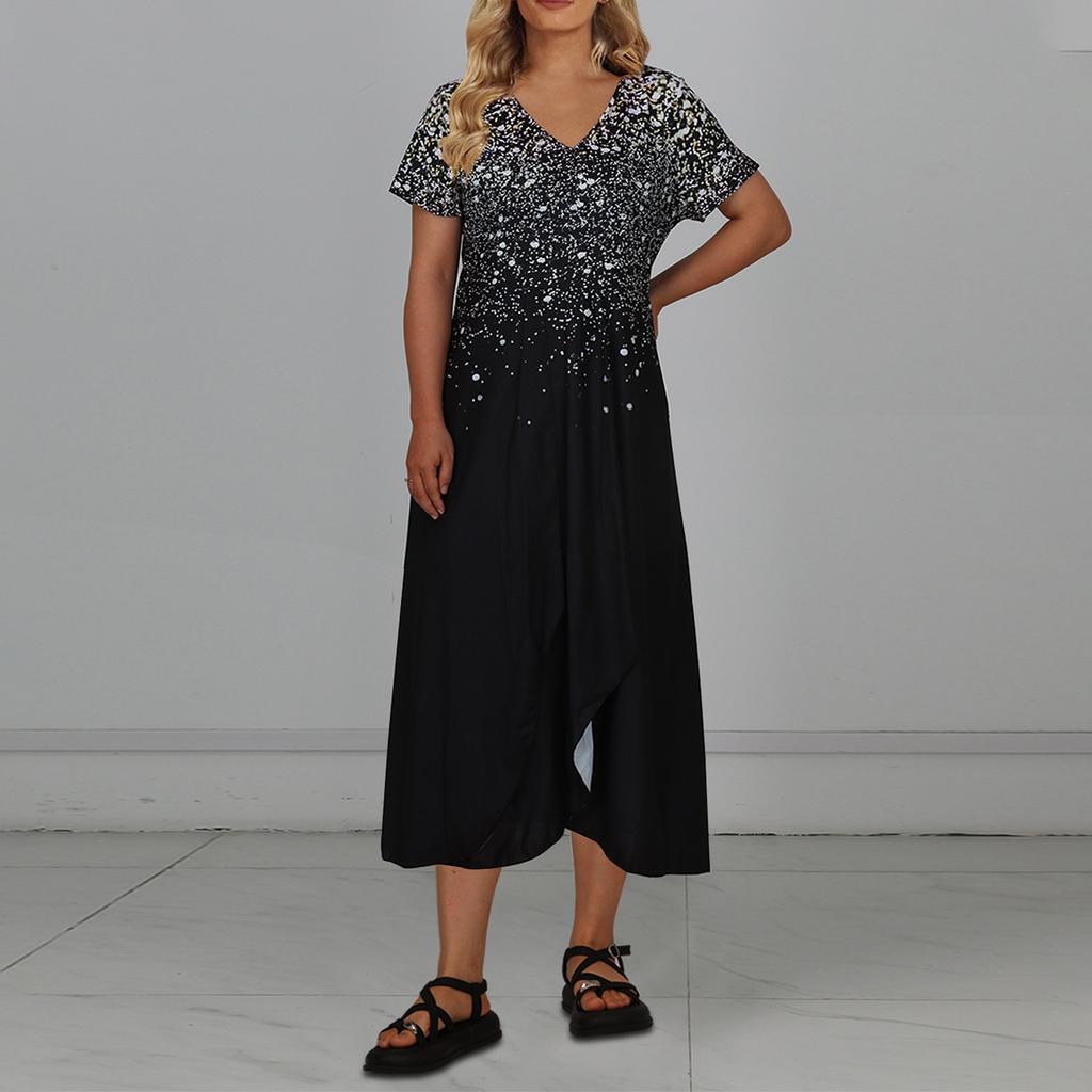 Женское повседневное большое длинное платье с v-образным вырезом и молнией с короткими рукавами и вставками с принтом