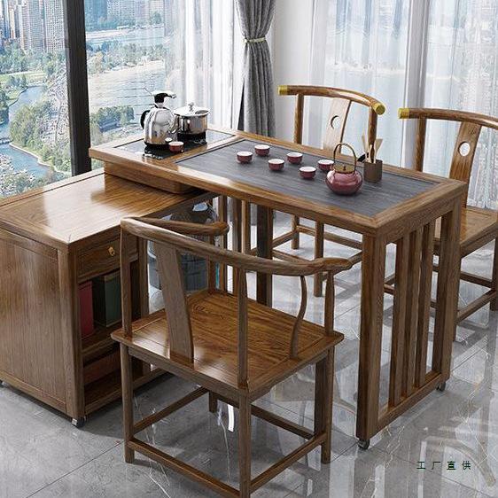 Solid Wood Rotating Tea Table Set with Chairs and Kettle, Mobile Balcony Coffee Table for Home.