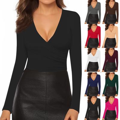 Женская и зимняя мода Тонкий V-образный вырез однотонный длинный рукав нижняя часть вниз рубашка свитшот топ