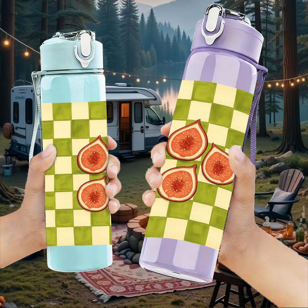 1PC Checkerboard Peach Fruit Grid 750ml Color Plastic Sports Water Bottle Leakproof Flip Straw Lid For Sports Office Home Use