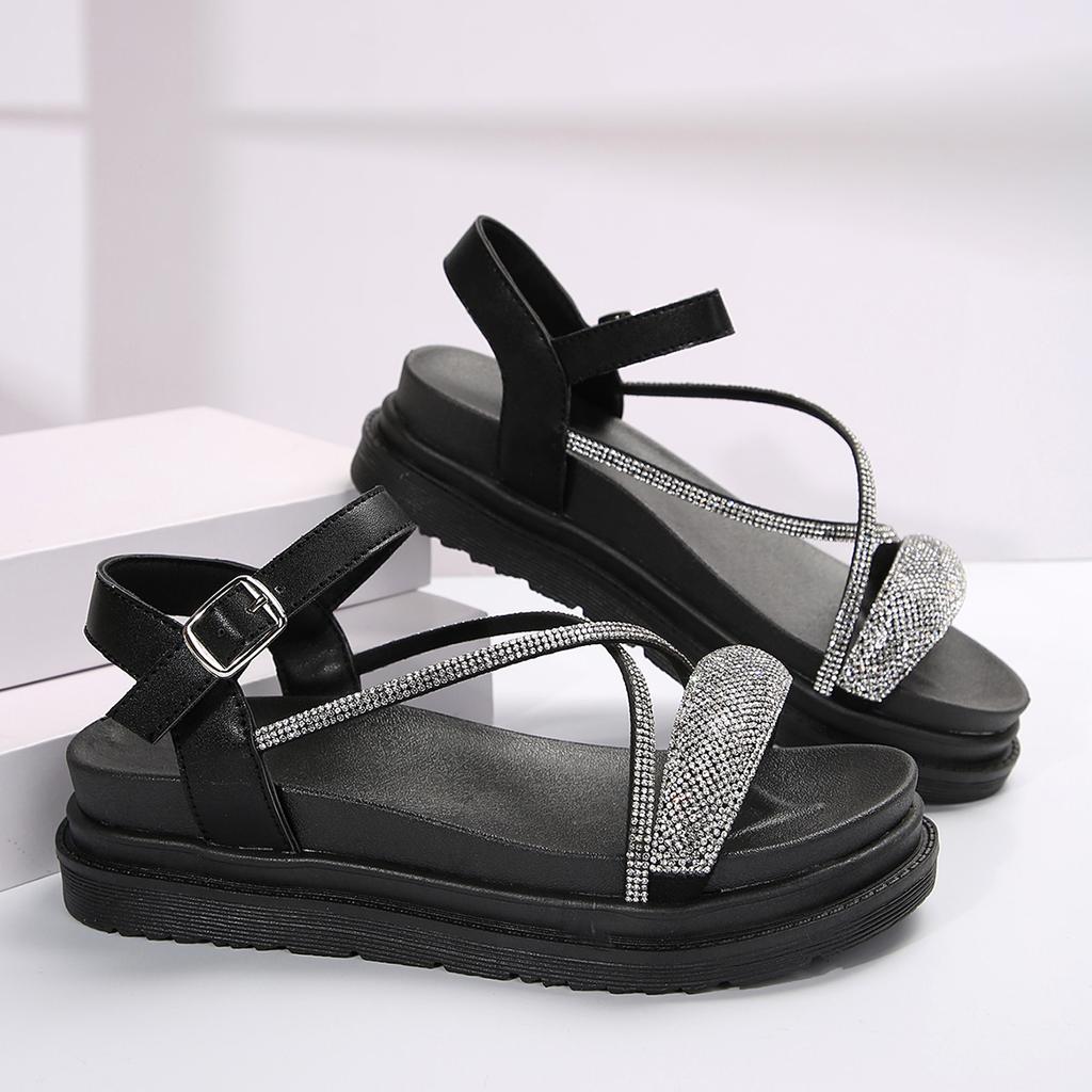 Новые однотонные женские сандалии со стразами, хит продаж, летние женские сандалии до середины икры с ремешком для девочек, новые модные женские пляжные сандалии среднего размера