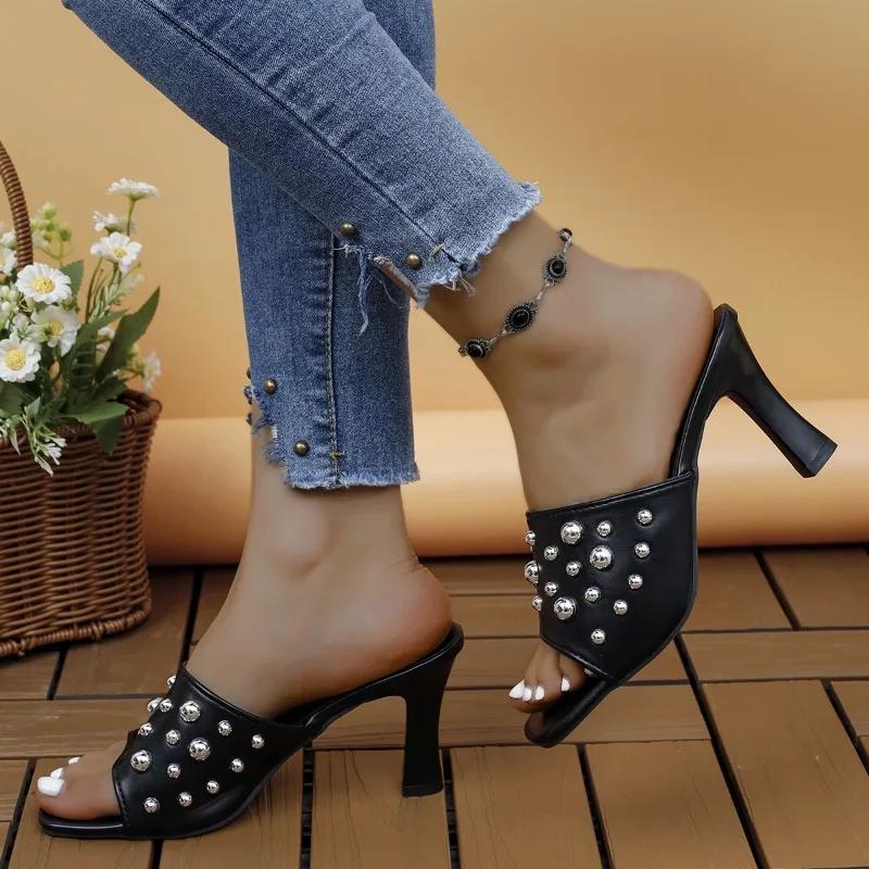 Fashion Women Sandals Ladies Square Heels Elegant Summer Slippers Outside White Black Leather Female Slides Fashion Woman Sandals