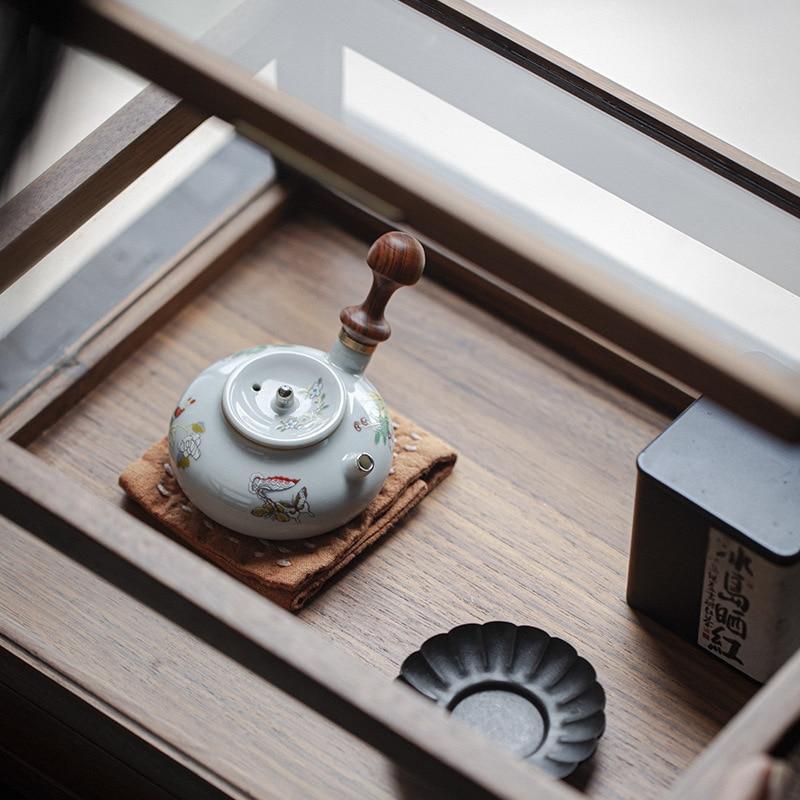 90ml Antique Walnut Handle Ceramic Side Handle Pot Tea Maker Hand-held Sketch Pot Small Kettle Filter Literati Room Tea Set