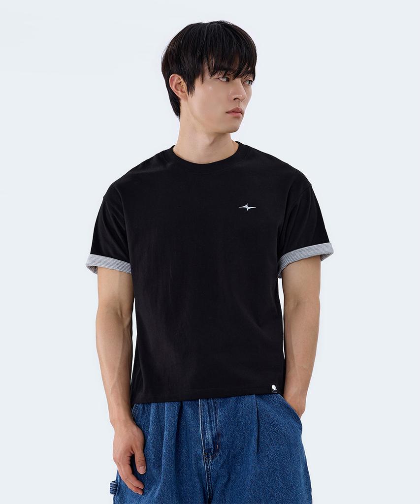 GHOST REPUBLIC Crop Stripe Color Block Roll-Up Short Sleeve T-Shirt Gt-392_Black