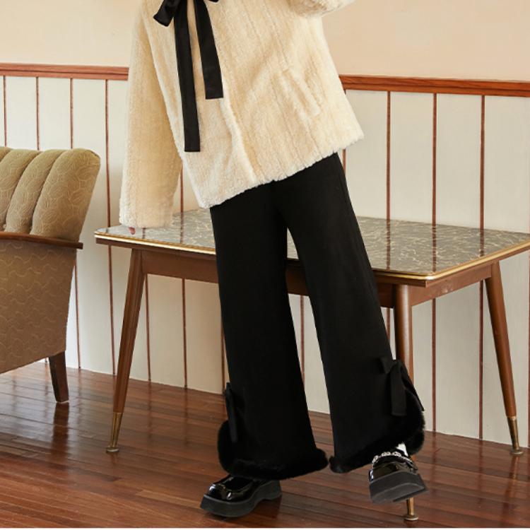 Японские повседневные брюки в стиле Лолита в стиле кавайи для женщин, теплые плюшевые брюки в корейском стиле, женские свободные брюки с милым бантом, широкие брюки для зимы