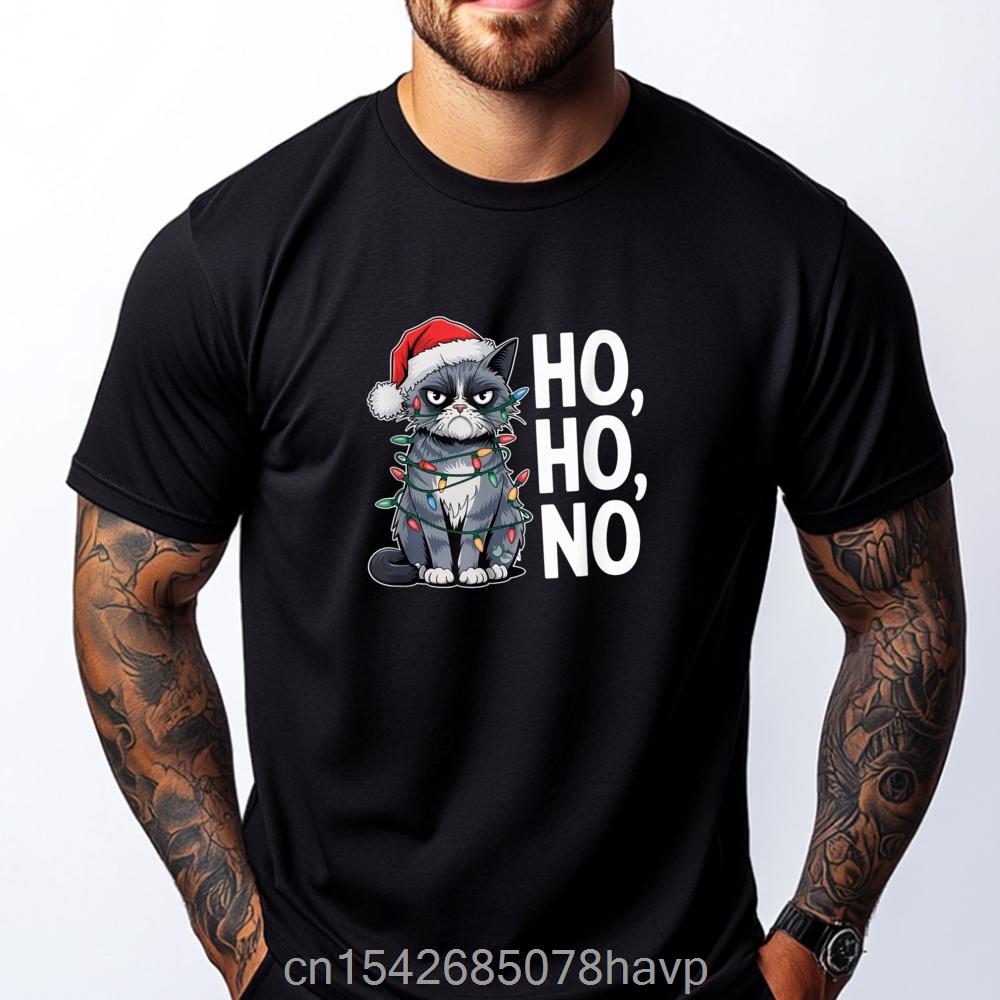 Funny T-shirt Christmas Cat Ho Ho No Sarcastic Holiday Enthusiast Graphic Tees Comfortable Printed Tshirt