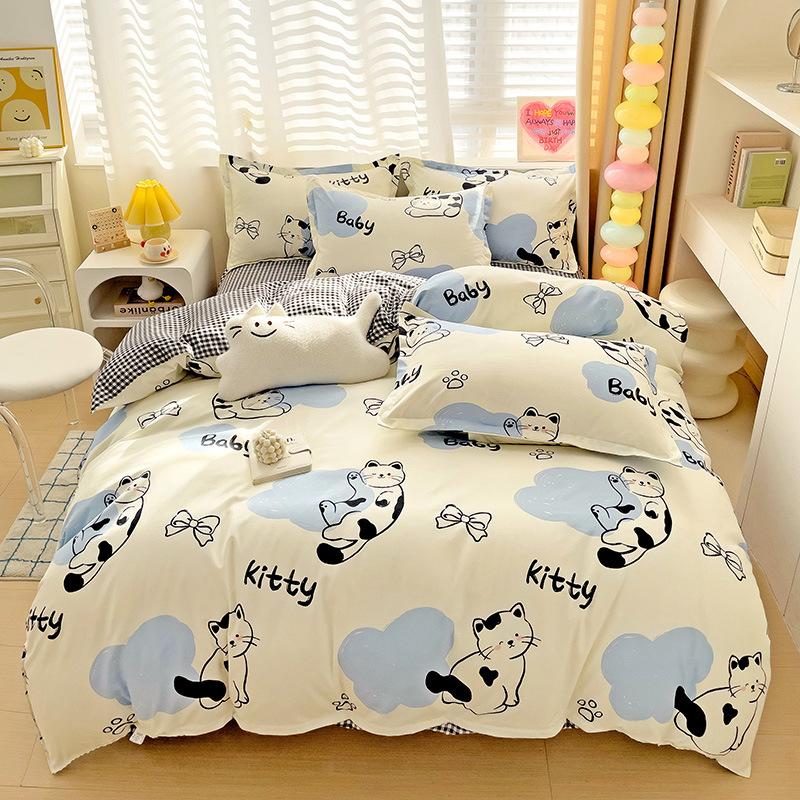 Маленький Свежий Утолщенный Комплект из Чистого Хлопка с Начесом Четыре Предмета Новый Осенне-Зимний Хлопковый Постельный Комплект для Общежития Простыня Пододеяльник Постельные Принадлежности