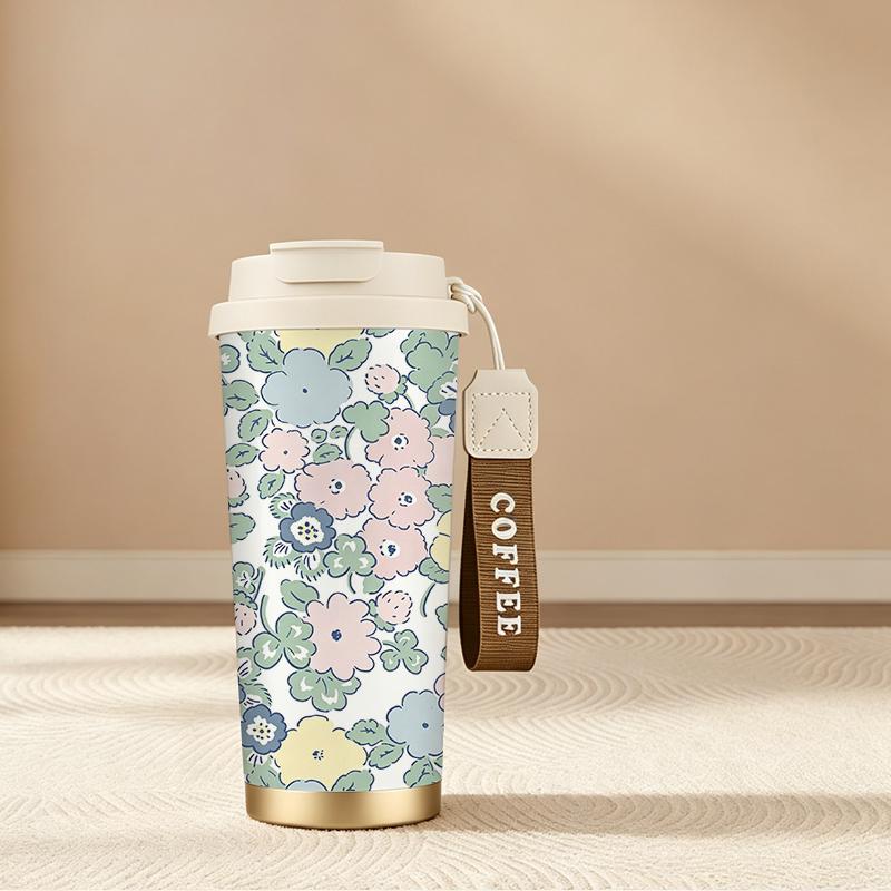 Coffee Mug 532ml Macaron Flower Element Lanyard Insulated Cup Beach Cup Large Capacity Cup Stainless Insulated Cup Car Cup
