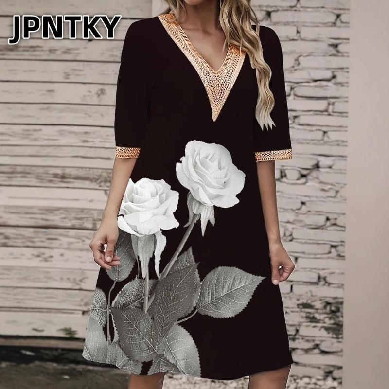 JPNTKY Модные летние весенние повседневные платья с коротким рукавом и V-образным вырезом