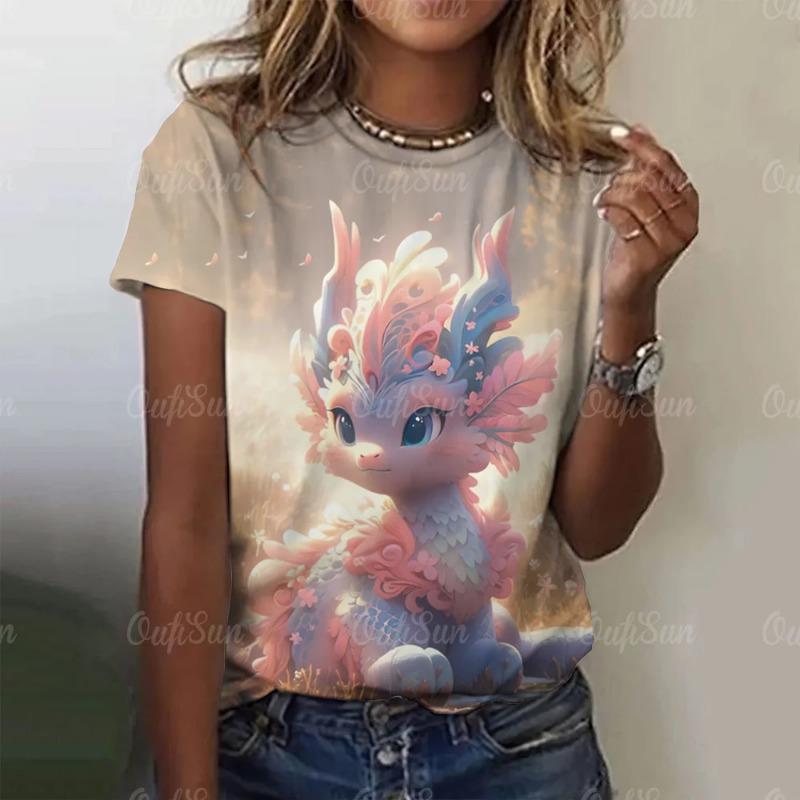 Летние женские футболки с рисунком из мультфильмов, повседневные футболки с короткими рукавами и 3D-драконом для женщин, одежда, свободный уличный топ