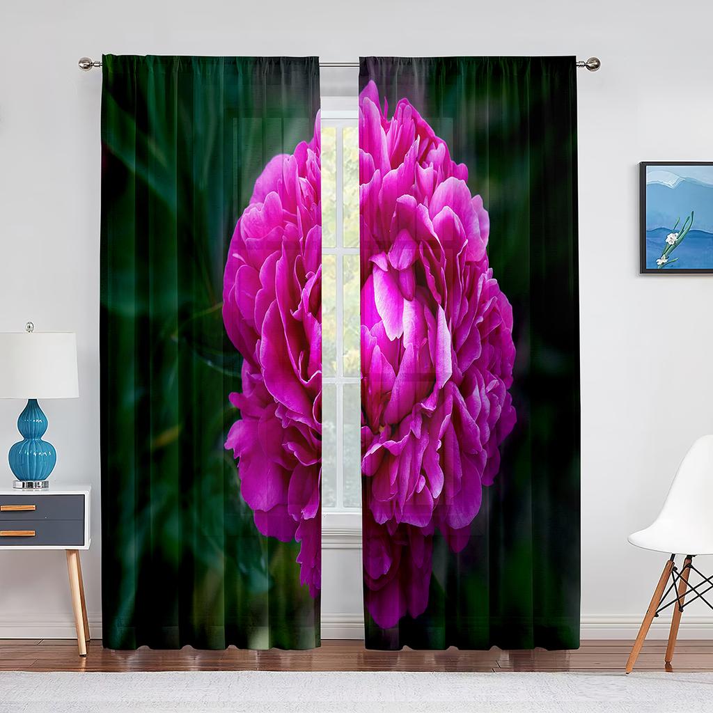 Тюлевые шторы с розовым пионом и зелеными листьями для гостиной, украшения дома, оконная занавеска, кухонная прозрачная занавеска из вуали