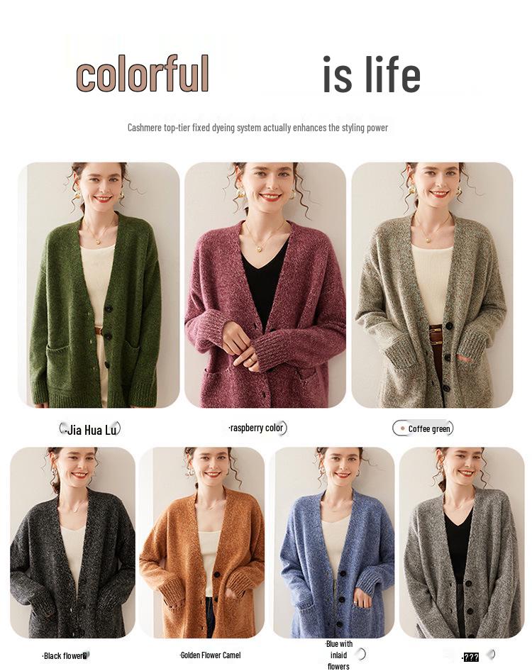 Women's V-Neck Cashmere Knit Cardigan - Autumn/Winter, Long Sleeve, Thick, Stylish & Versatile.