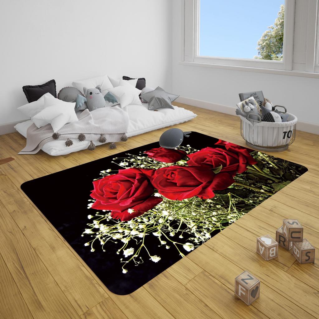 1Pcs Rose Pattern Floor Mat Modern Kitchen Polyester Rug Non-Slip Colorful Indoor Carpet, For Home Bathroom Bedroom Living Room Decor