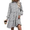 Women's Fashion Printed Pleated Long Sleeved Dress with Casual High Collar and Ruffled Hem Short Skirt
