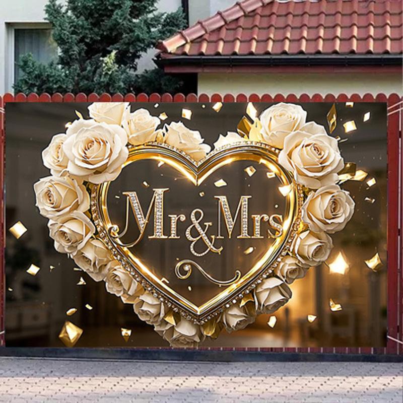 1 шт. Свадебный фон Mr&Mrs с белыми розами и золотыми сердцами, настенный декор для фотосъемки, вечеринки, плаката на день рождения, годовщину для улицы и помещения