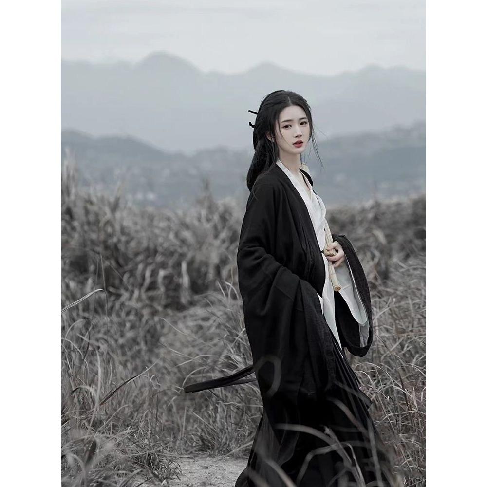 Китайская династия Вэй и Цзинь, стиль Ханфу, женская черная рубашка с большим рукавом и перекрестным воротником, полный комплект