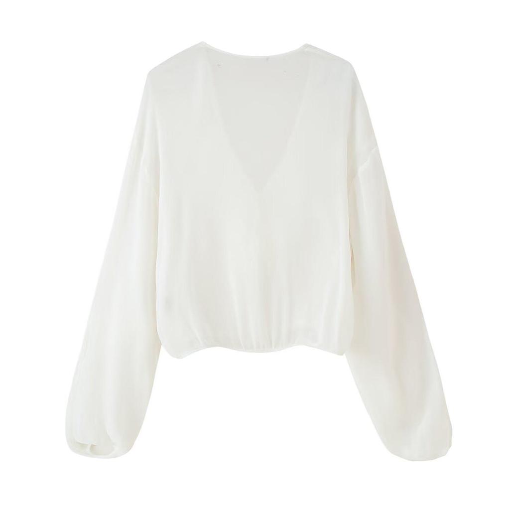 Элегантная женская рубашка ZA с V-образным вырезом, многослойными длинными рукавами и текстурой, 2025