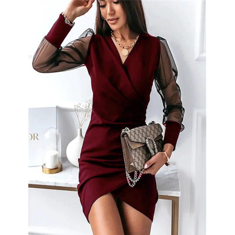 Women's Solid Color Mesh Long Sleeve V-neck Sexy Short Dress