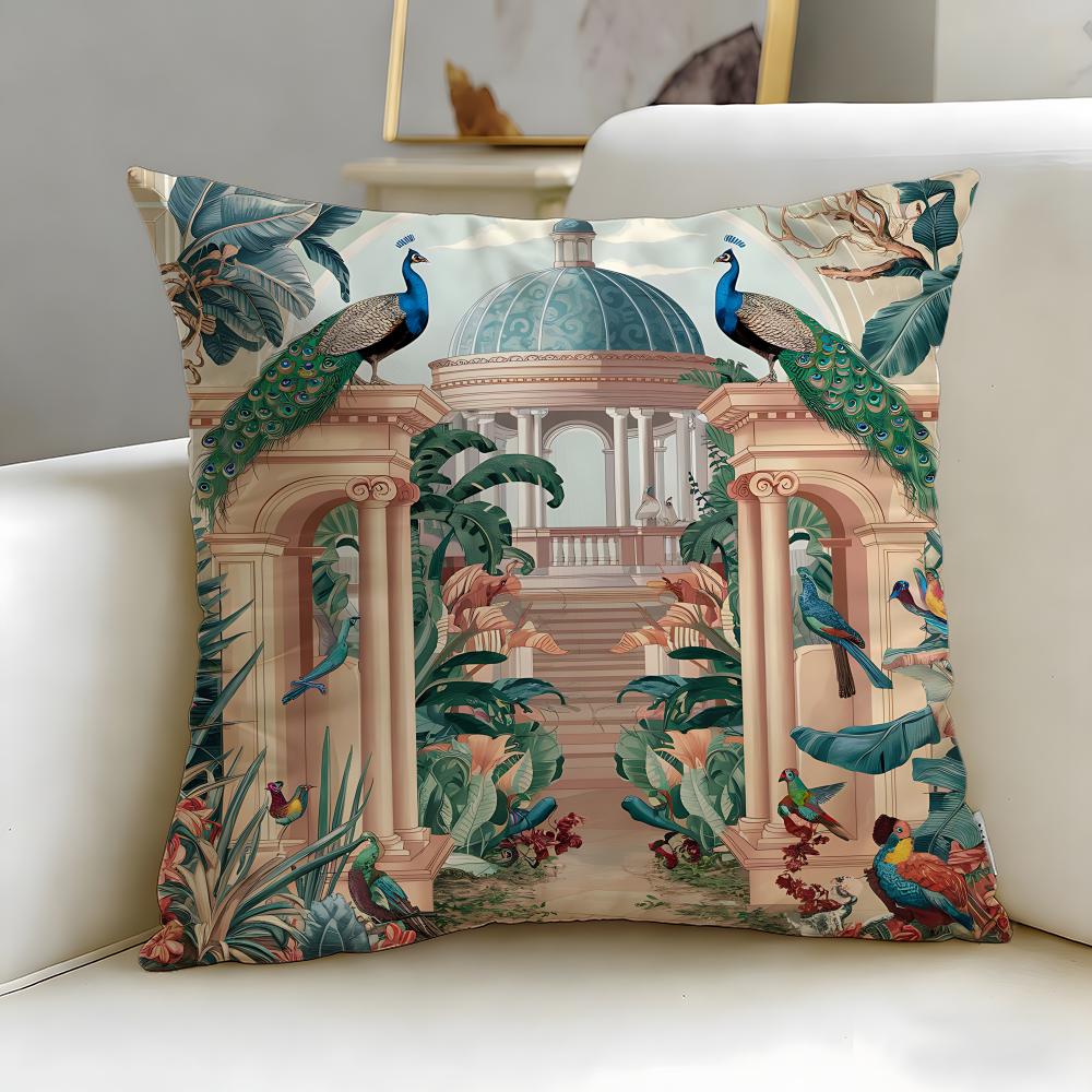 Classic Mughal Garden With Peacock Cushion Cover Soft & Easy-Wash Pillow Case – Versatile For Couch, Bed, Travel And Office