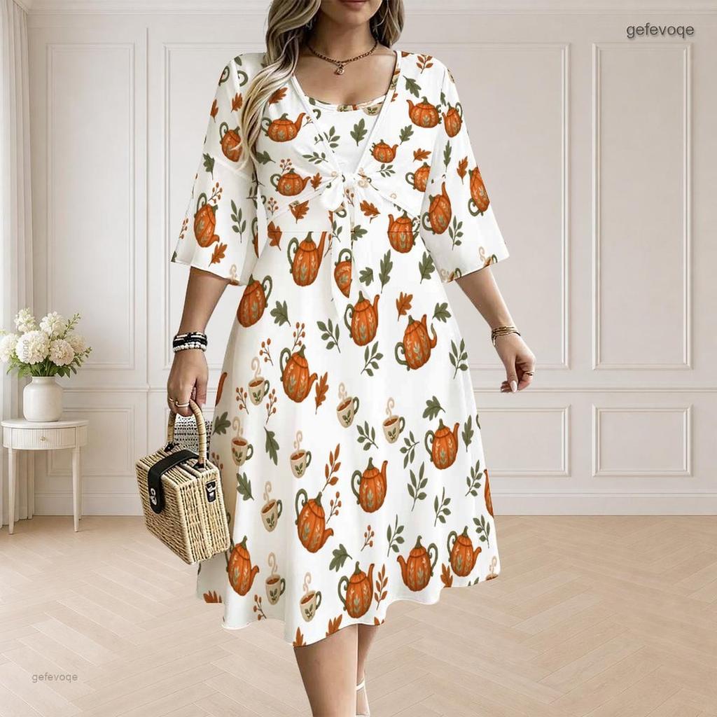 Women Plus Size V Neck Twist Front Three Quarter Flare Sleeve Skull Seashell Print White Dress