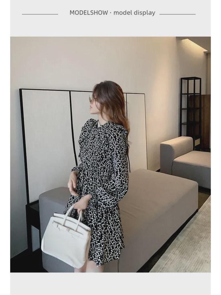 Женское чайное платье в стиле ретро с французским цветочным принтом 2024 года: Весна/Осень, узкая талия, длинный рукав