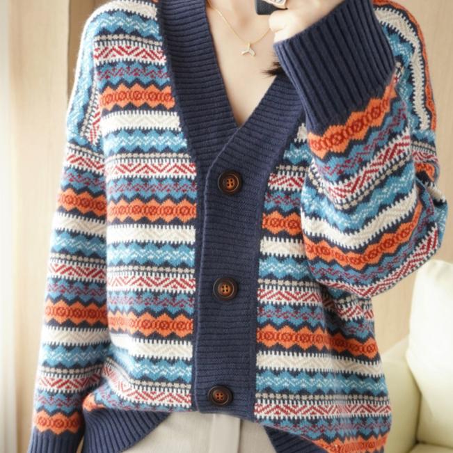 Fashion Casual Striped Cardigan Women's V-neck Casual Spring Autumn Vintage Jacquard Sweater Knitted Sweater Jacket