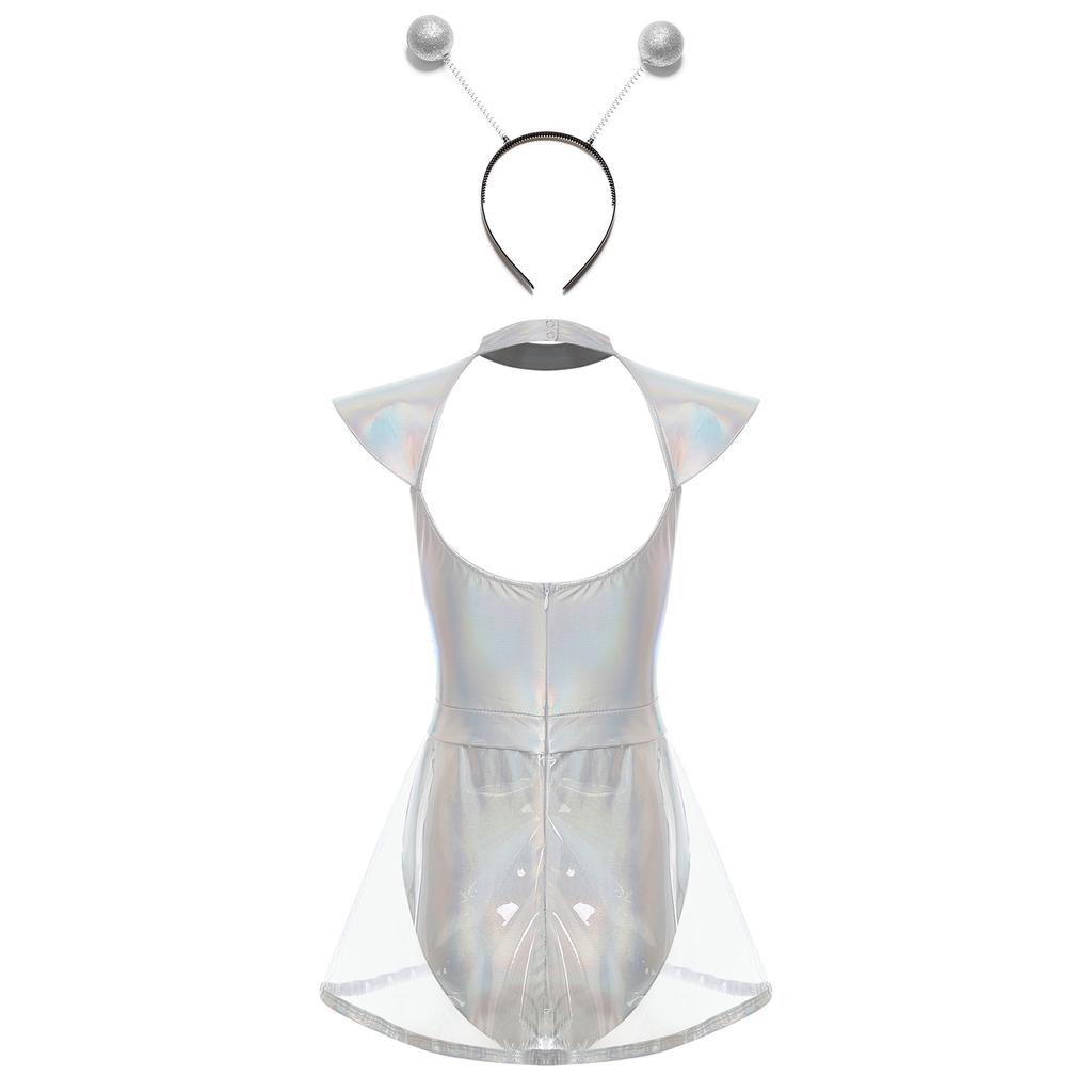 Womens Space Alien Cosplay Costume Fly Sleeve Cutout Briefs Bottom One Piece Bodysuit with PVC Skirt Hair Hoop Headband