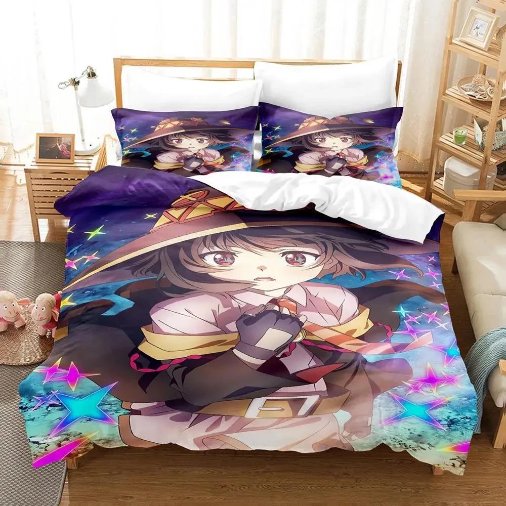 KonoSuba 3D Кавай Картонный Аниме Мягкий Комплект Пододеяльников для Взрослых Молодых Парней Спальни 2-местный 3-предметный Комплект Постельного Белья Мягкий Пододеяльник Комплект Постельного Белья