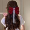 Cloth Bowknot Spring Clip Rhinestone New Year Hairpin Red Velvet Bow Hair Clip  Ponytail Holder