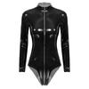 Womens Patent Leather Catsuit Long Sleeve Mock Neck Zipper Club Dancewear