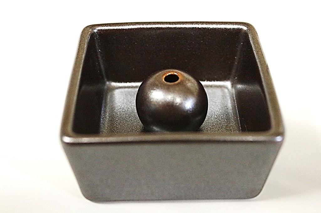 Modern Japanese ironware-colored ceramic incense holder with square bowl. ACSWEBSHOP original.