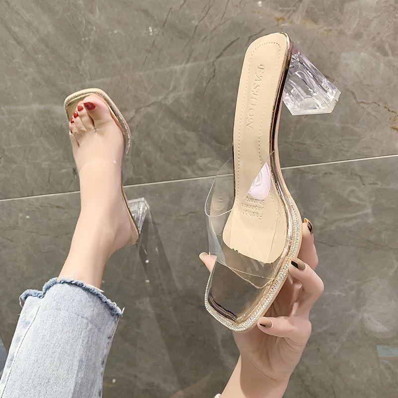 Модная девушка одно слово драг лето 2024 новые прозрачные тапочки женская обувь сказочный стиль французский хрустальный высокий каблук