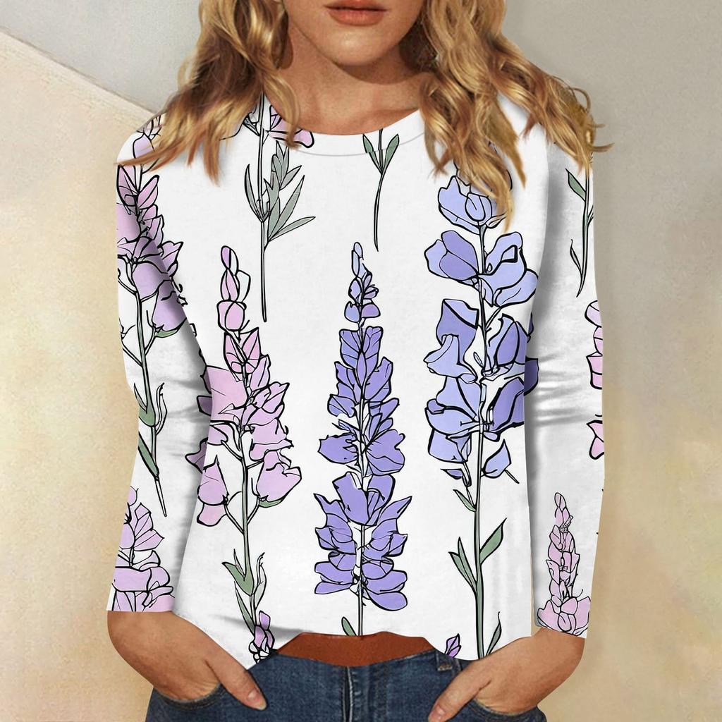 Женская мода повседневный топ с длинным рукавом с цветочным принтом и круглым вырезом