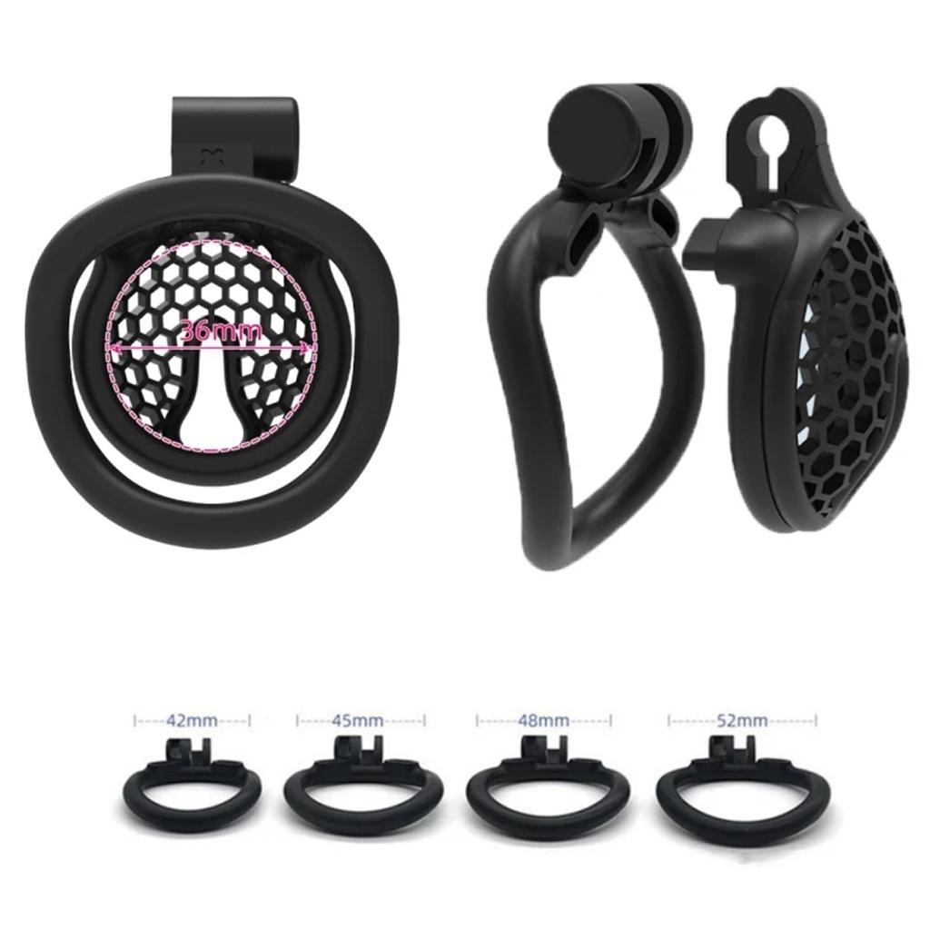 Sissy Male Mini Honeycomb Chastity Lock Breathable BDSM CB Lock Male Chastity Device with 4 Penis Rings Cock Cage Adult Sex Toy
