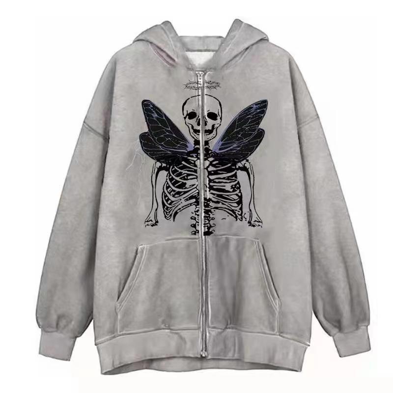 Dark Skull Graphic Zip Up Hoodie Gothic Streetwear Loose Fit Men Women Teens