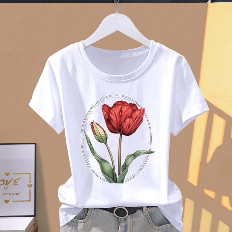 (Osiyo o'lchami) Qisqa yengli futbolkalar trend T yoqimli gul naqshli gul Kiyim Moda Print Ayollar Kundalik Ayollar Top Grafik Futbolka
