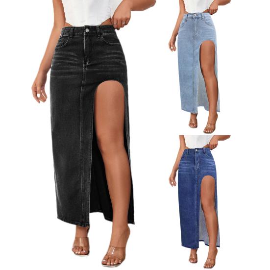 Женская макси-юбка с высокой талией и боковым разрезом, джинсовая юбка, сплошная цветная длинная юбка, на пуговицах, на молнии, юбка с карманами