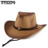 Men Straw Cowboy Hat Sun Hat Folding Western Wide Curved Brim with Adjustable Chin Strap Hat
