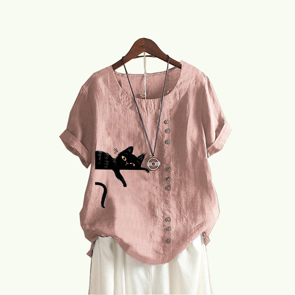 Женские модные блузки с короткими рукавами, летний повседневный пуловер, свободный топ с круглым воротником, хлопково-льняная футболка с принтом кота