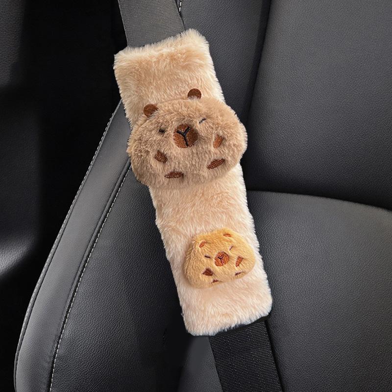 New Cute Cartoon Capybara Universal Car Seat Belt Cover Imitation Rabbit Fur Long Plush Auto Safety Shoulder Pad For Kids Ladys