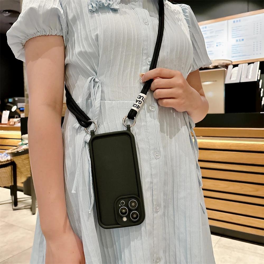 INS милый чехол через плечо с двойным шнурком для защиты объектива матовый силиконовый чехол для iPhone 15 14 13 12 11 Pro Max 14 15 Plus XS MAX XR X 8 7 Plus SE2 чехол