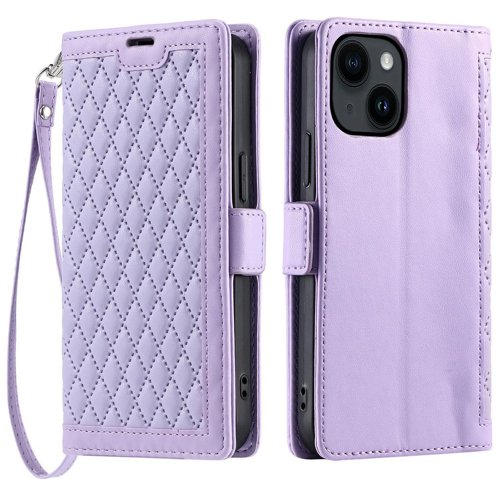 For iPhone 14/13 Leather Case Rhombus Texture Wallet Stand Phone Cover with Wrist Strap