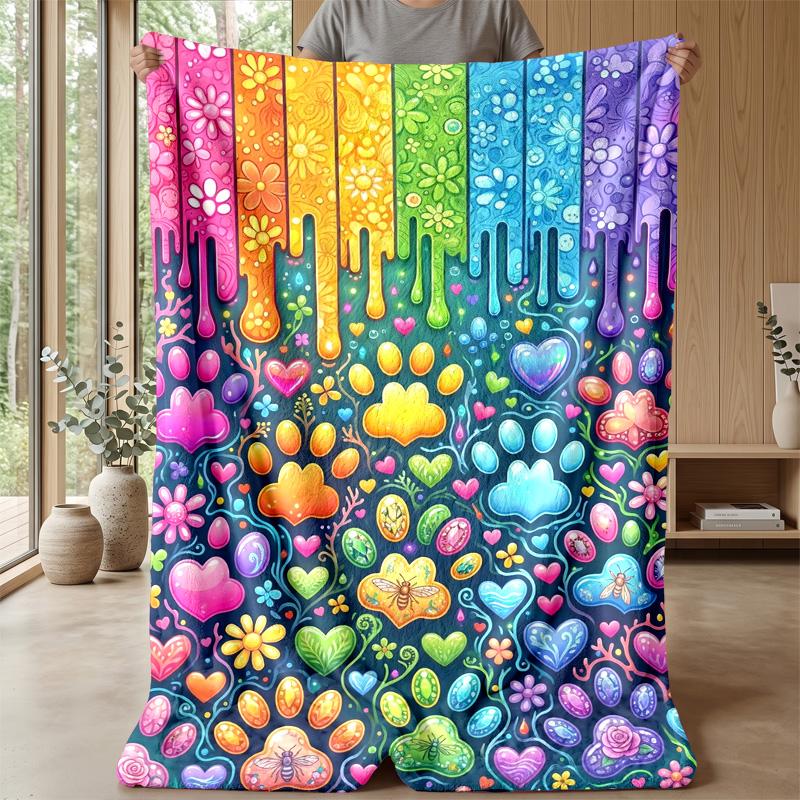 Rainbow Gemstone Paw Prints Theme blanket Lightweight Warm Flannel Blanket Decorative Throw Blanket for Home Decoration