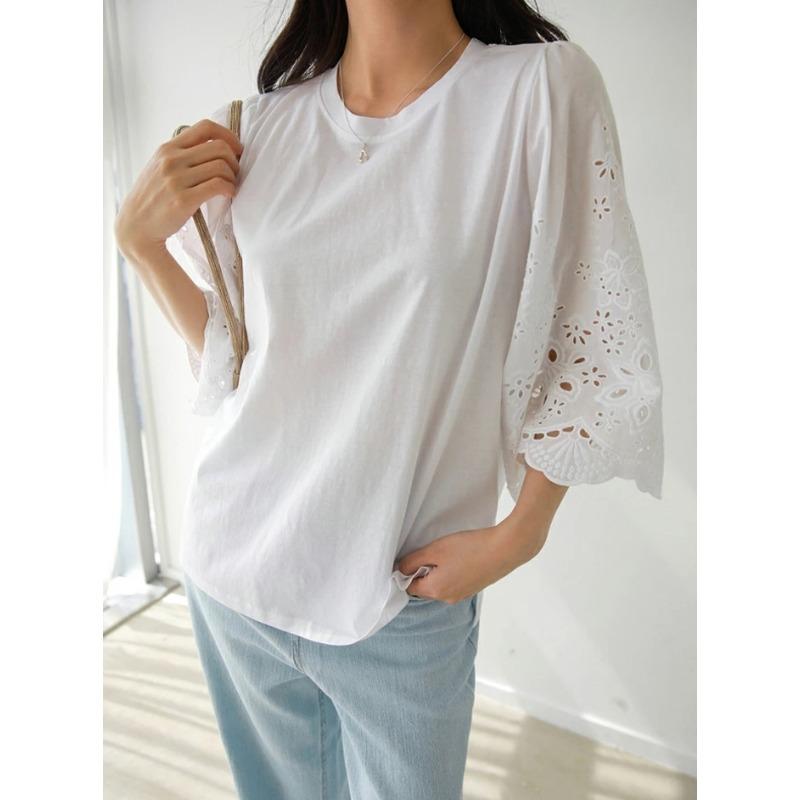 Dimanaf 2025 Summer Plus Size Women T-Shirts Floral Hollow Elegant Short Sleeve Tops Tees Loose Shirt